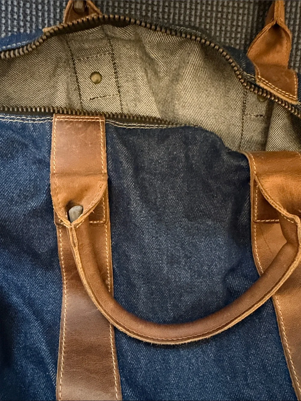 Armani Jeans Blue Denim Duffel with Brown Leather Trim